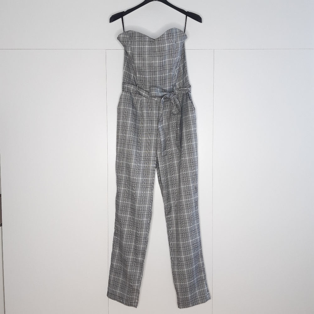 Revamped tube jumpsuit plaid strapless grey sz S